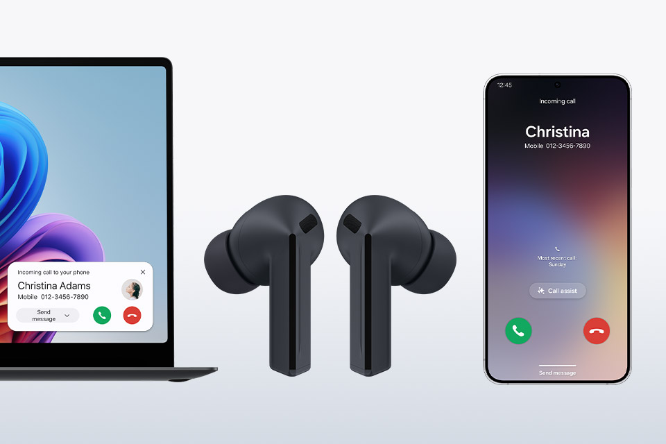 Słuchawki bezprzewodowe Samsung Galaxy Buds3 FE szare grafika przedstawia możliwości ze słuchawek sparowanych z urządzeniem